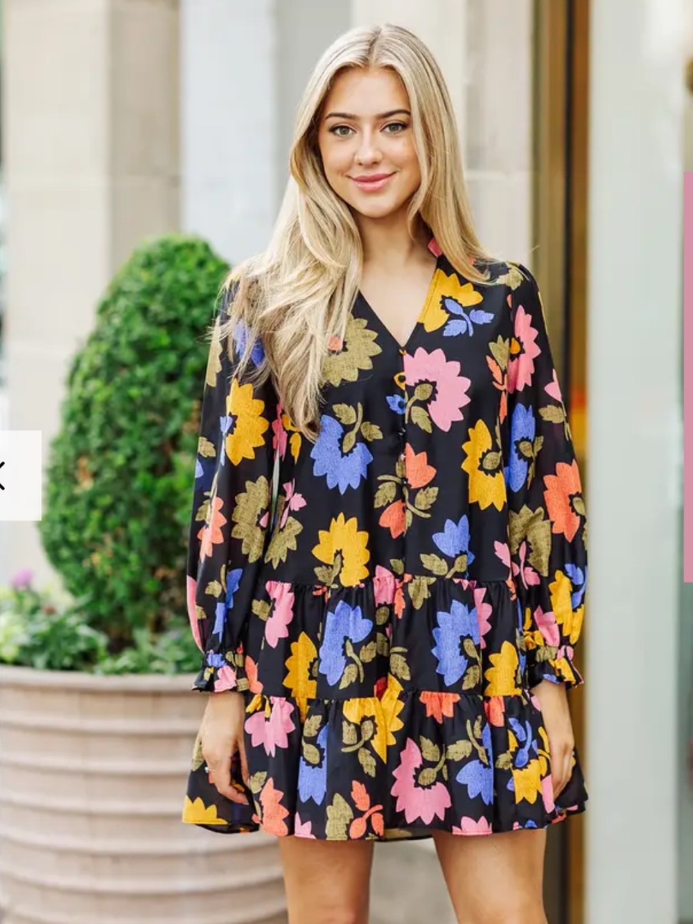 J.Marie Black V-Neck Tiered Mini Dress with Multicolor Florals